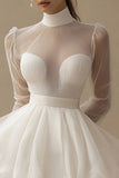 Tulle Tiered Illusion Neck Little White Dress with Long Sleeves